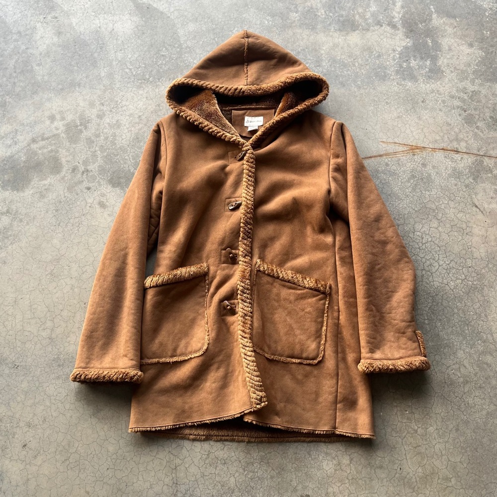 St. Johns Bay Womens Faux Suede Shearling Duffle Coat Hooded Toggle Brown Large